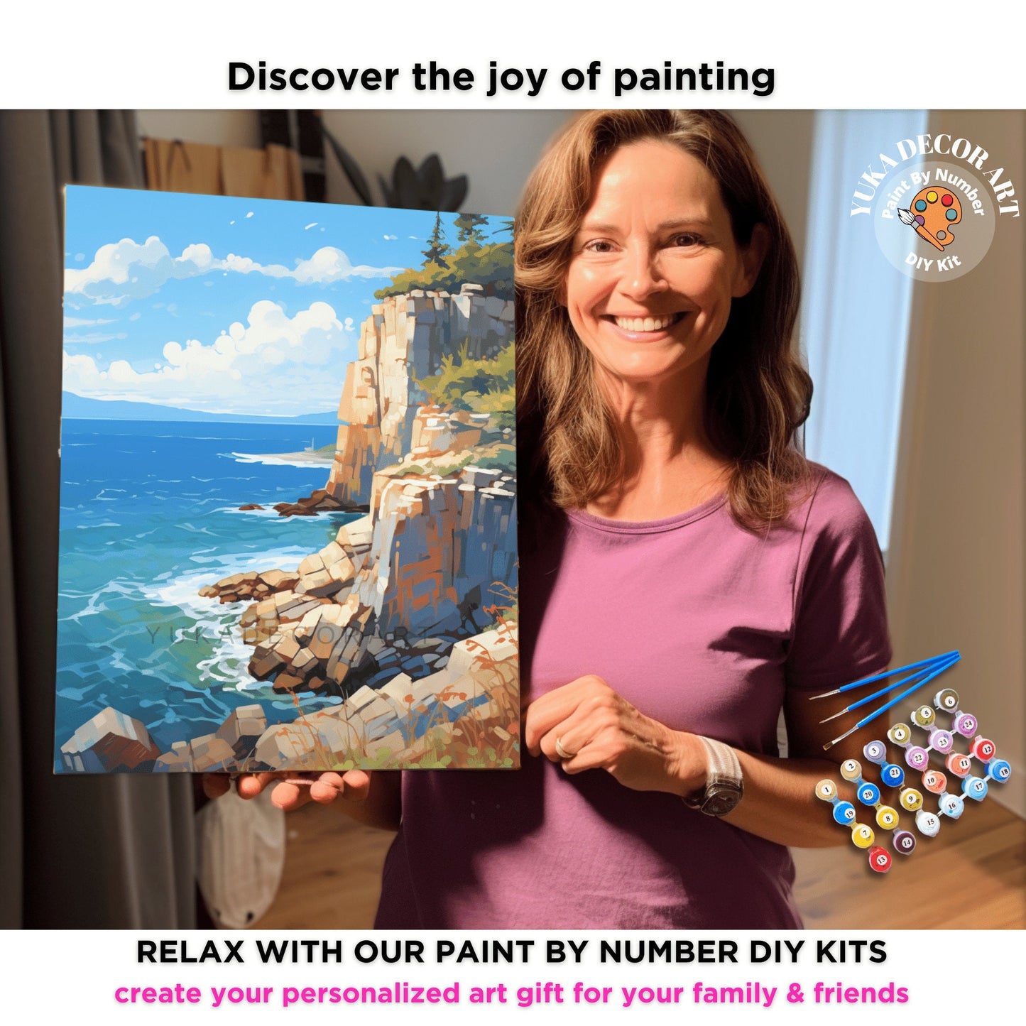 Seascape PAINT by NUMBER for Adult Kit , Rocky Scenic Coastal Art Easy Beginner Acrylic Painting DIY Kit Art Gift For Mom