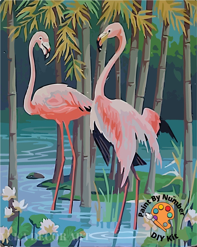 1960's Style Pink Flamingo Vintage PAINT by NUMBER Kit Adult , DIY Paint Kit Birds In Lake , Easy Beginner Acrylic Painting,Hobby Gift