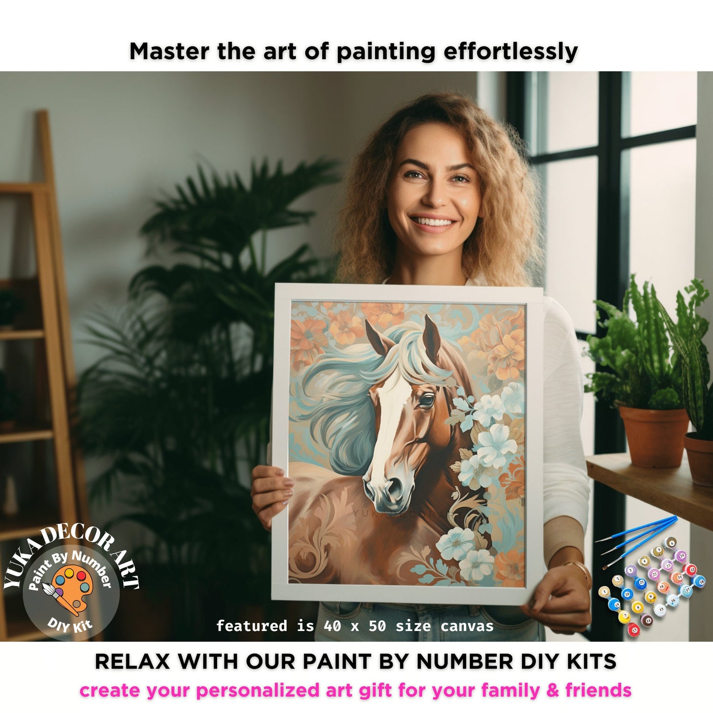 Boho Flowers Horse PAINT by NUMBER Kit Adult Free Wild Horse Easy Beginner Acrylic Painting DIY Kit | Grandpa Dad Art Gift