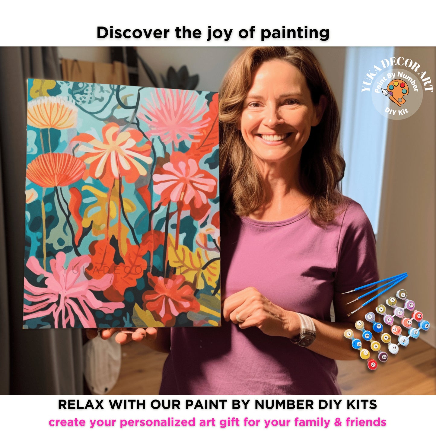 Retro Flowers PAINT by NUMBER DIY Kit Adult Abstract Floral Vibrant Canvas Art Easy Beginner Hobby Kits Custom Decor Gift For Mom Dad Aunt