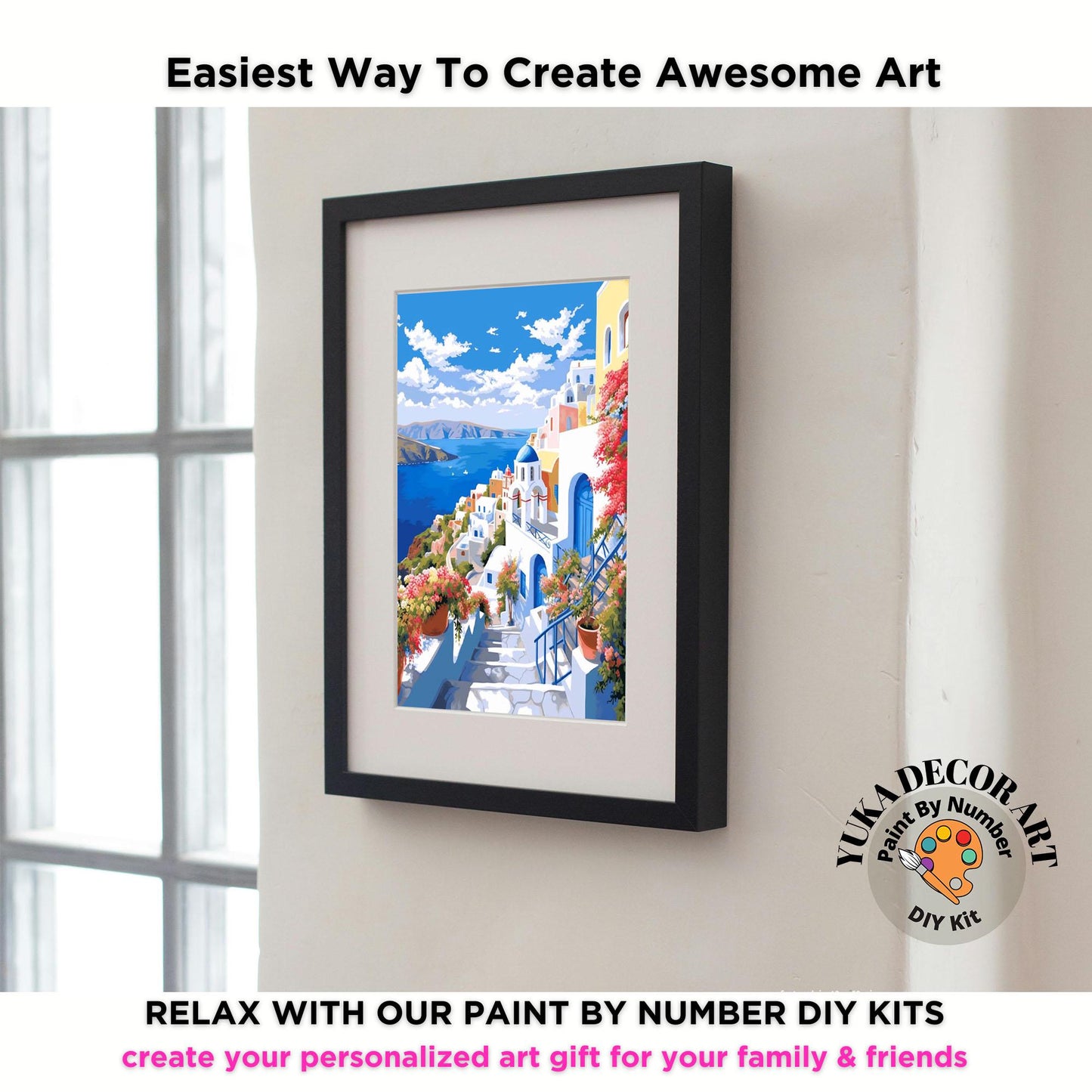 PAINT by NUMBERS Kit Adult Greece Santorini Landscape Minimalistic Chic Style DIY Painting Easy Beginners Paint Kit Decor Gift For Mom Wife