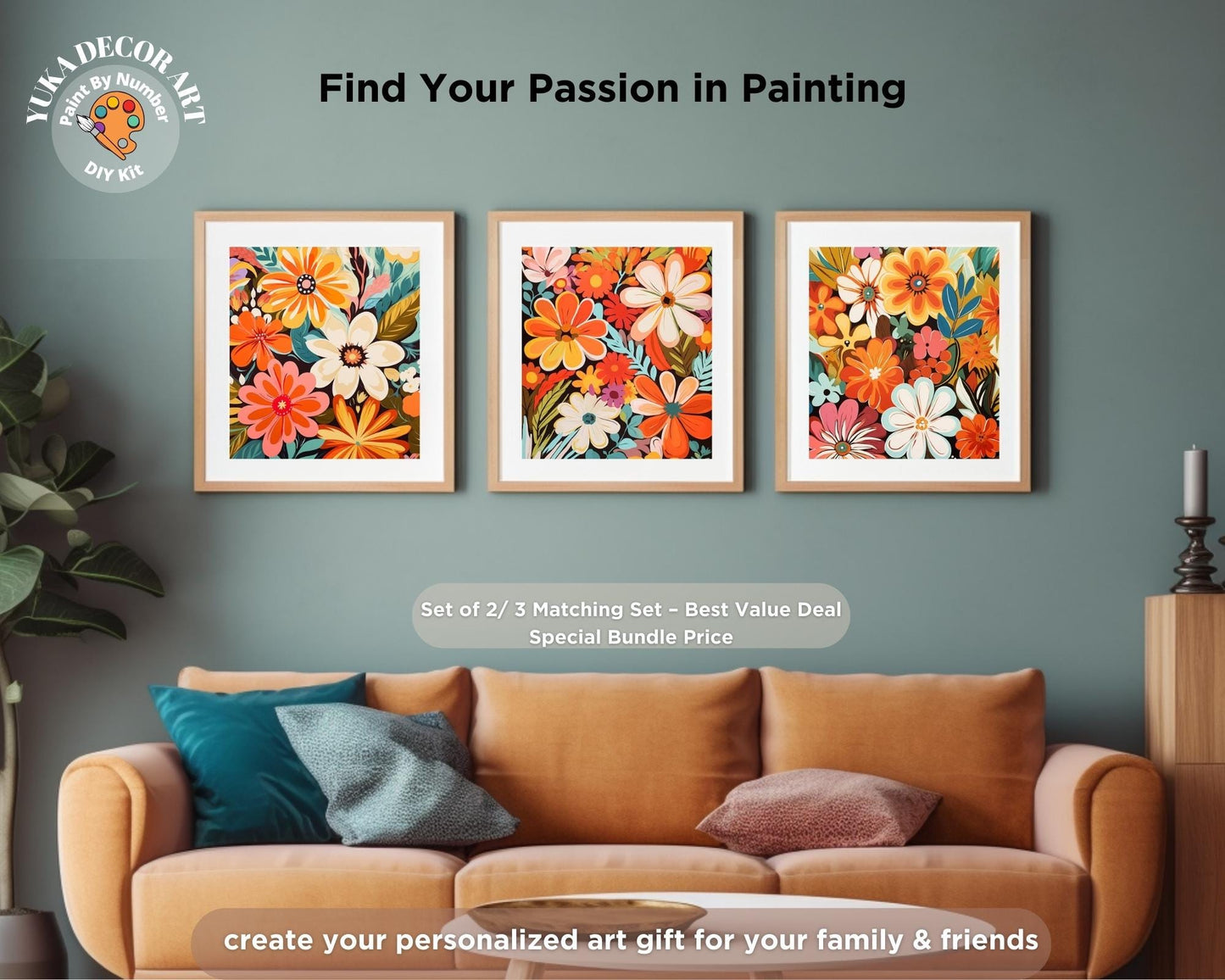 a living room with a couch and two paintings on the wall