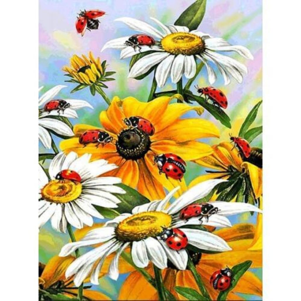 RED BEETLE & WHITE DAISIES Diamond Painting Kit