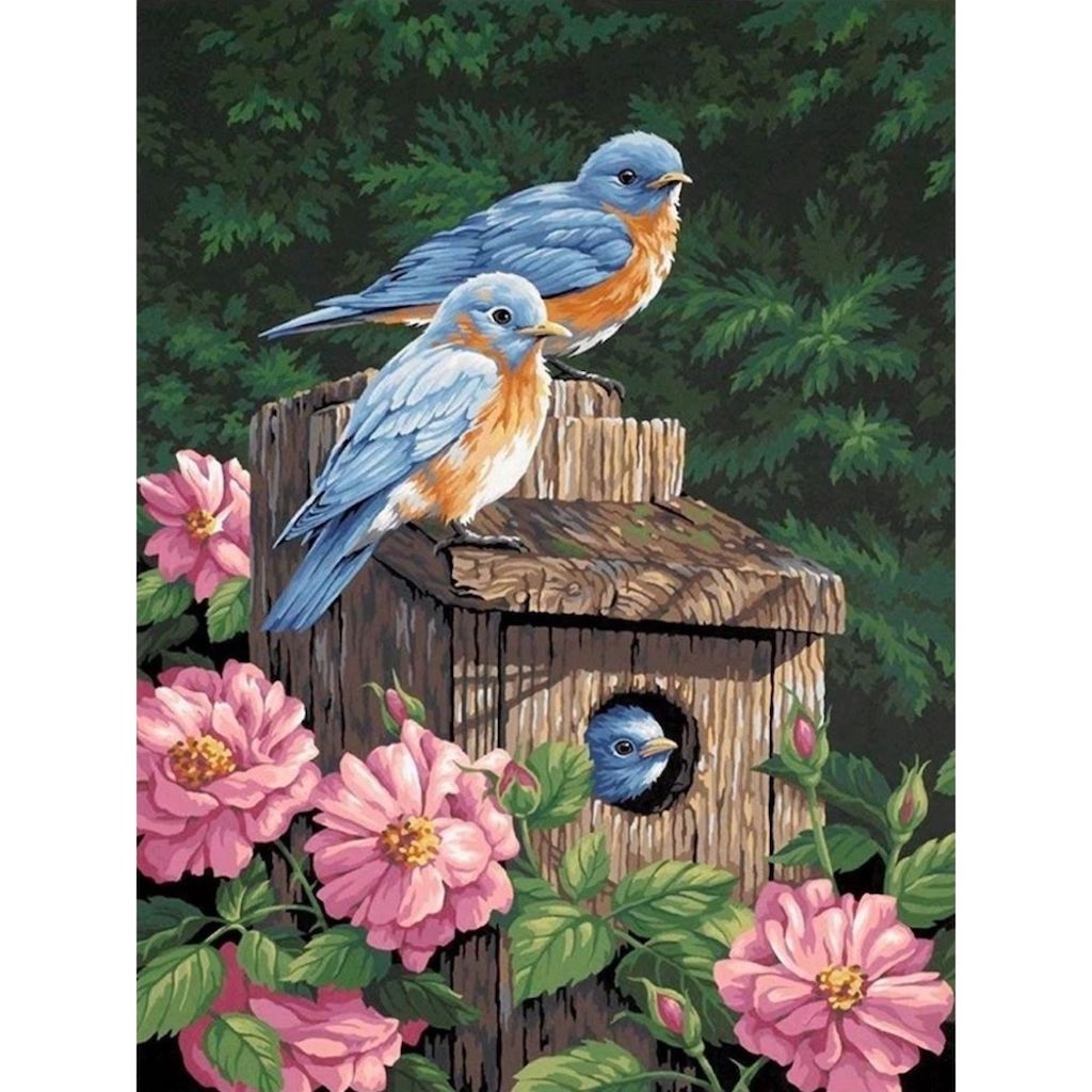 BLUE BIRDS AND PINK DAHLIAS Diamond Painting Kit