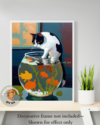 PAINT by NUMBER Kit for Adults Matisse Inspired ,Cat With Red Fish,Easy Beginners Acrylic Paint DIY Kit ,Living Bedroom Wall Art Decor