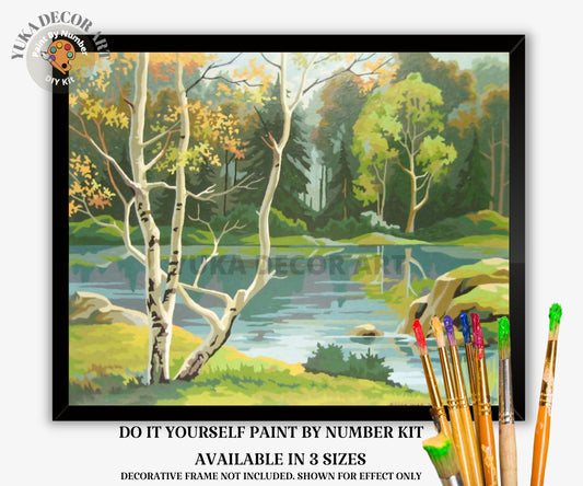 Forest Landscape PAINT by NUMBER Kit Adult Blue Lake Painting Easy Beginners DIY Paint Kit Cabin Decor Vintage Art Gift Mom Dad Grandpa