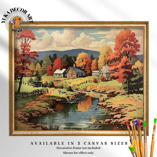 Countryside Fall Landscape PAINT by NUMBERS DIY Kit Adult Vintage Style 1960s Art Easy Beginner Paint Kit Hobby Gift For Mom Dad Grandma