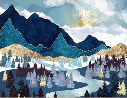 Blue Mountain Abstract PAINT by NUMBER Kit for Adults , Sunrise Scene ,Easy DIY Beginners Acrylic Paint Kit ,Living Bedroom Wall Art Decor