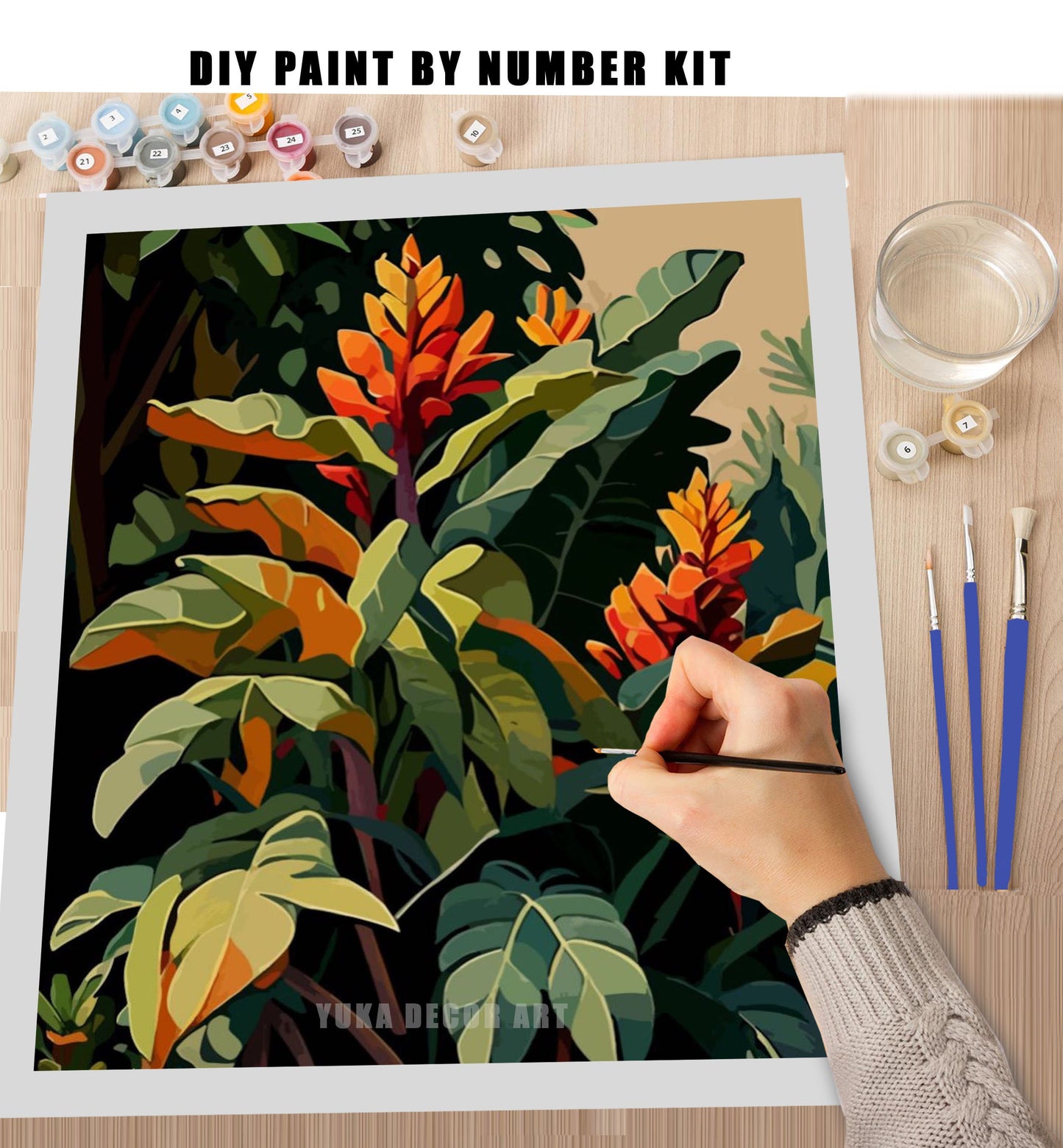 PAINT by NUMBER Kit  Adults ,Tropical Leaves ,Abstract Garden Plants Art ,Easy DIY Beginners Acrylic Paint Kit ,Living Bedroom Wall Art Gift