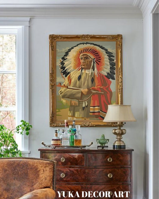 Vintage Style PAINT by NUMBER DIY Kit for Adult , Native American Portrait Painting, Easy Beginner Reproduction Canvas Kit,Wall Art Gift