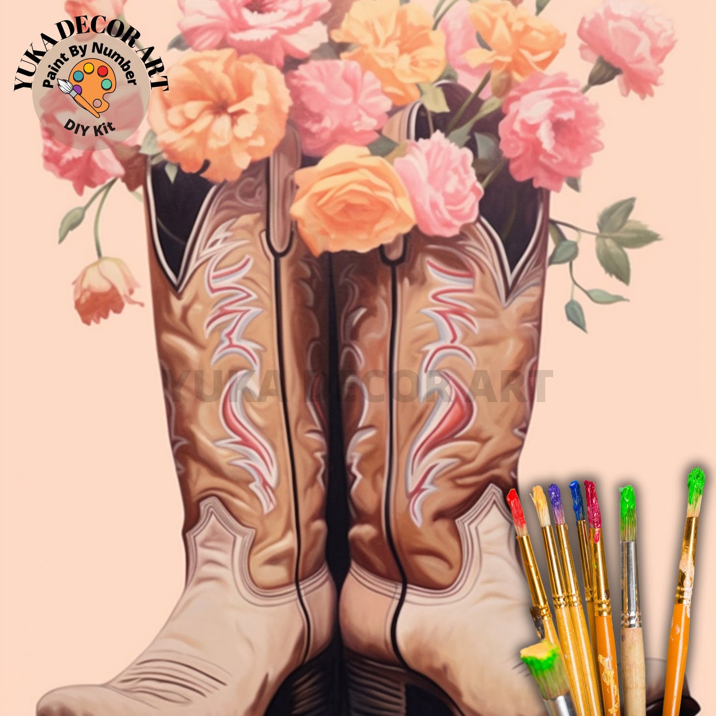 Cowboy Boots and Flowers PAINT by NUMBER Kit Maximalist Art Adult Painting DIY Numbers Set Easy Beginners Birthday Gift For GirlFriend Mom