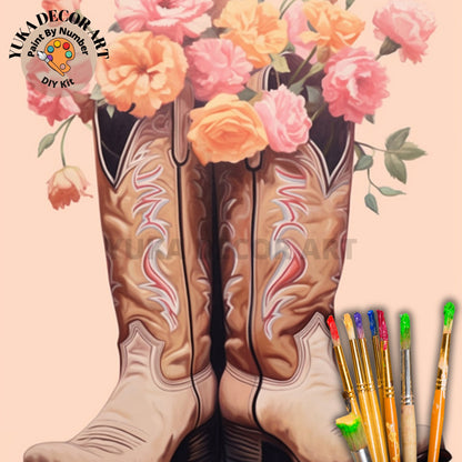 Cowboy Boots and Flowers PAINT by NUMBER Kit Maximalist Art Adult Painting DIY Numbers Set Easy Beginners Birthday Gift For GirlFriend Mom