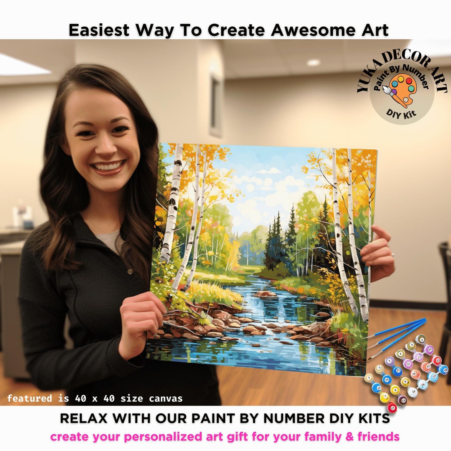 Fall Landscape PAINT by NUMBER Kit for Adult Forest River Canvas Art Easy Beginner Acrylic Painting DIY Kits | Custom  Gift For Girlfriend