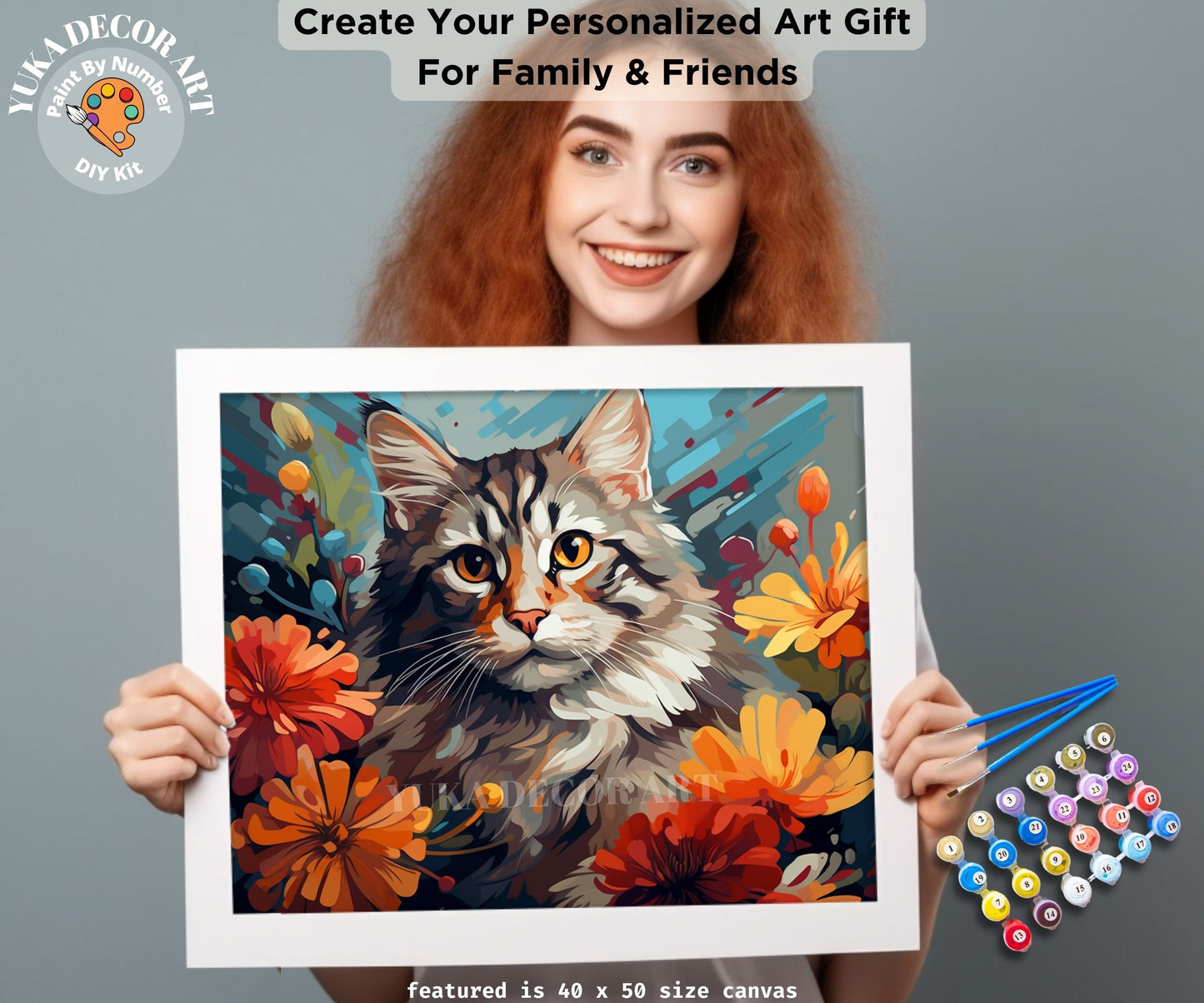 Cat PAINT by NUMBER Kit Adult DIY Art Orange Vibrant Floral Easy Beginner Acrylic Painting Birthday Housewarming Custom Gift For Kids Teens