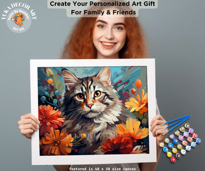 Cat PAINT by NUMBER Kit Adult DIY Art Orange Vibrant Floral Easy Beginner Acrylic Painting Birthday Housewarming Custom Gift For Kids Teens