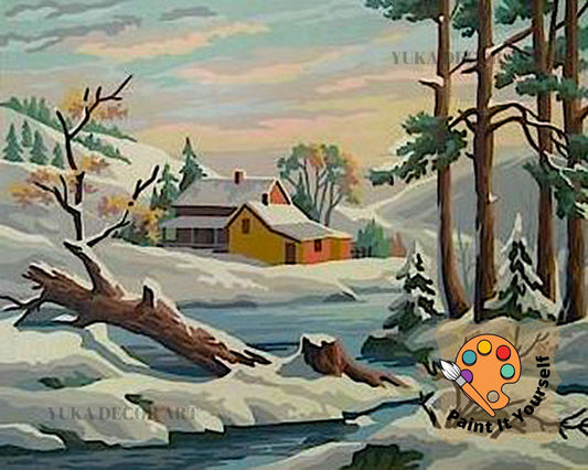 Winter Scene PAINT by NUMBER Kit for Adult , DIY Nature Vintage Style Art , Easy Beginner Acrylic Painting Kit,Vintage Decor Gift