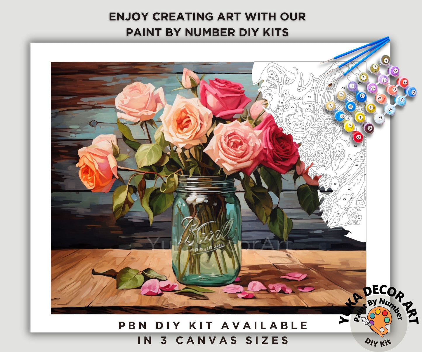 PAINT by NUMBER DIY Kit Adult Garden Roses Red Pink Flowers Rustic Decor Easy Beginner Acrylic Paint Wall Art Birthday Gift Mom Girlfriend