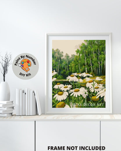 Daisy Flowers PAINT by NUMBERS Kit for Adult & Kids, Forest Mountain Scenic View ,Easy Beginner Acrylic Painting Kit,Wall Art , Hobby Gift