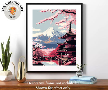Japan PAINT by NUMBER Kit for Adults  Beginner DIY Art Kit Pink Cherry Blossoms Mount Fuji Acrylic Painting Wall Art Decor