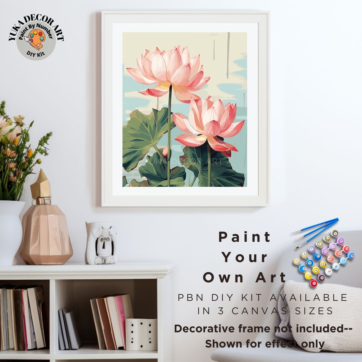 Pink Lilies PAINT by NUMBER Kit for Adults Flowers Lake Garden DIY Painting Floral Easy Beginners Paint Hobby Kit Wall Art