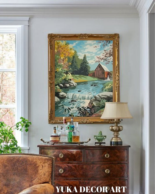 Vintage Style  PAINT by NUMBER Kit Adult, Stream River Landscape Art , Easy Beginner Acrylic Painting DIY Kit,Home Decor Gift