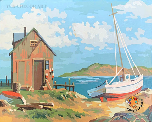 Vintage Style PAINT by NUMBER Kit for Adult , Scenic Seaside  Boat Dock Cabin , Easy Beginner Acrylic Painting Kit,Home Decor Gift