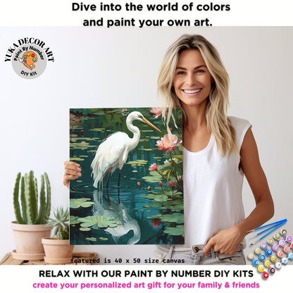 Bird PAINT by NUMBER Kit For Adults White Herons In Lake Lilies Flowers DIY Painting Easy Beginners Paint Kit Garden Lover Anniversary Gift