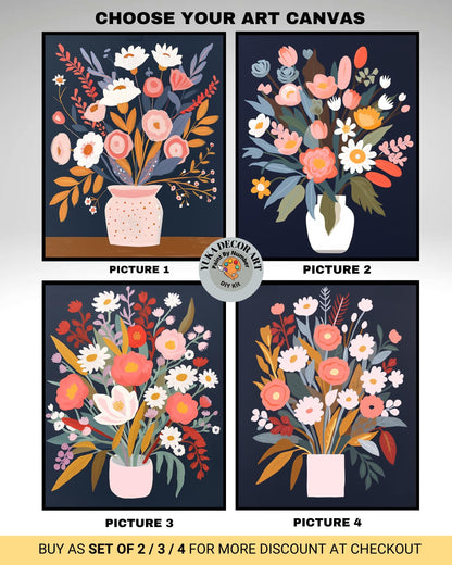 a set of three pictures of flowers in vases