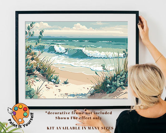 Sand Beach PAINT by NUMBERS Kit for Adult & Kids, Seashore Waves Beach DIY Painting , Easy Beginner Acrylic Painting Kit,Home Decor Gift