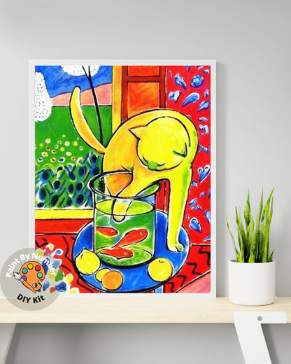 Matisse PAINT by NUMBER Kit for Adults Cat With Red Fish Easy Beginners Acrylic Paint DIY Kit Living Bedroom Wall Art Apartment Urban Decor