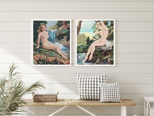Vintage PAINT by NUMBER Kit Adult , Naked Woman Relaxing Forest Waterfall , Easy Beginner Acrylic Painting DIY Kit , Vintage  Decor Gift Mom