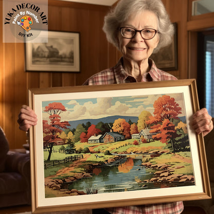 Countryside Fall Landscape PAINT by NUMBERS DIY Kit Adult Vintage Style 1960s Art Easy Beginner Paint Kit Hobby Gift For Mom Dad Grandma