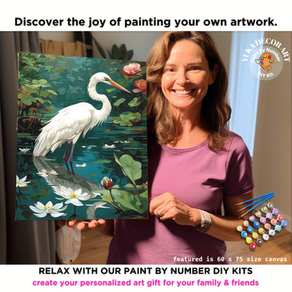 Vintage Style PAINT by NUMBER Kit For Adults White Bird In Lake Lilies Flowers DIY Painting Easy Beginners Paint Kit Lover Gift Girlfriend