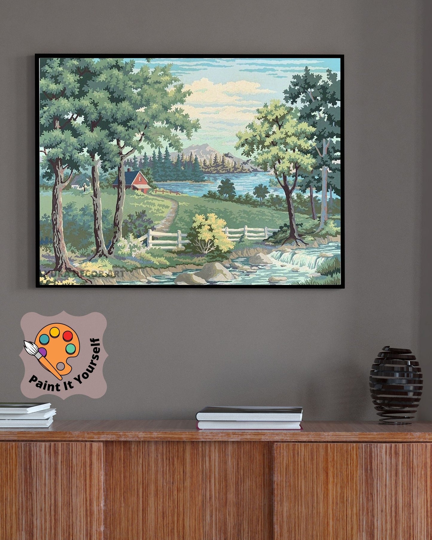 Countryside Lake Vintage Style PAINT by NUMBER Kit Adult, Mountain Forest Scenery , Beginner Acrylic Painting DIY Kit, Mom Christmas Gift