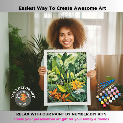 Tropical Jungle PAINT by NUMBERS DIY Kit Adult  Lush Foliage Wall Art Easy Beginner Oil Painting Study Room Decor Custom Gift Mom Girlfriend