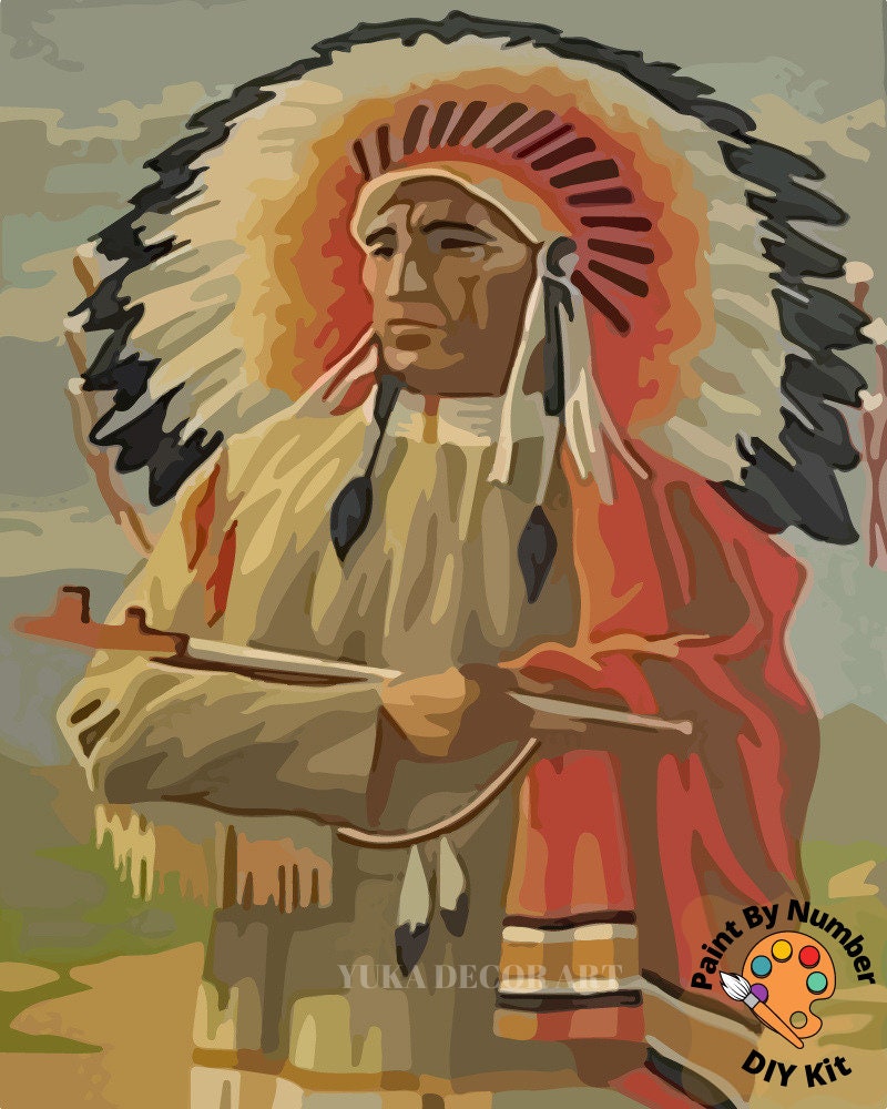 Vintage Style PAINT by NUMBER DIY Kit for Adult , Native American Portrait Painting, Easy Beginner Reproduction Canvas Kit,Wall Art Gift