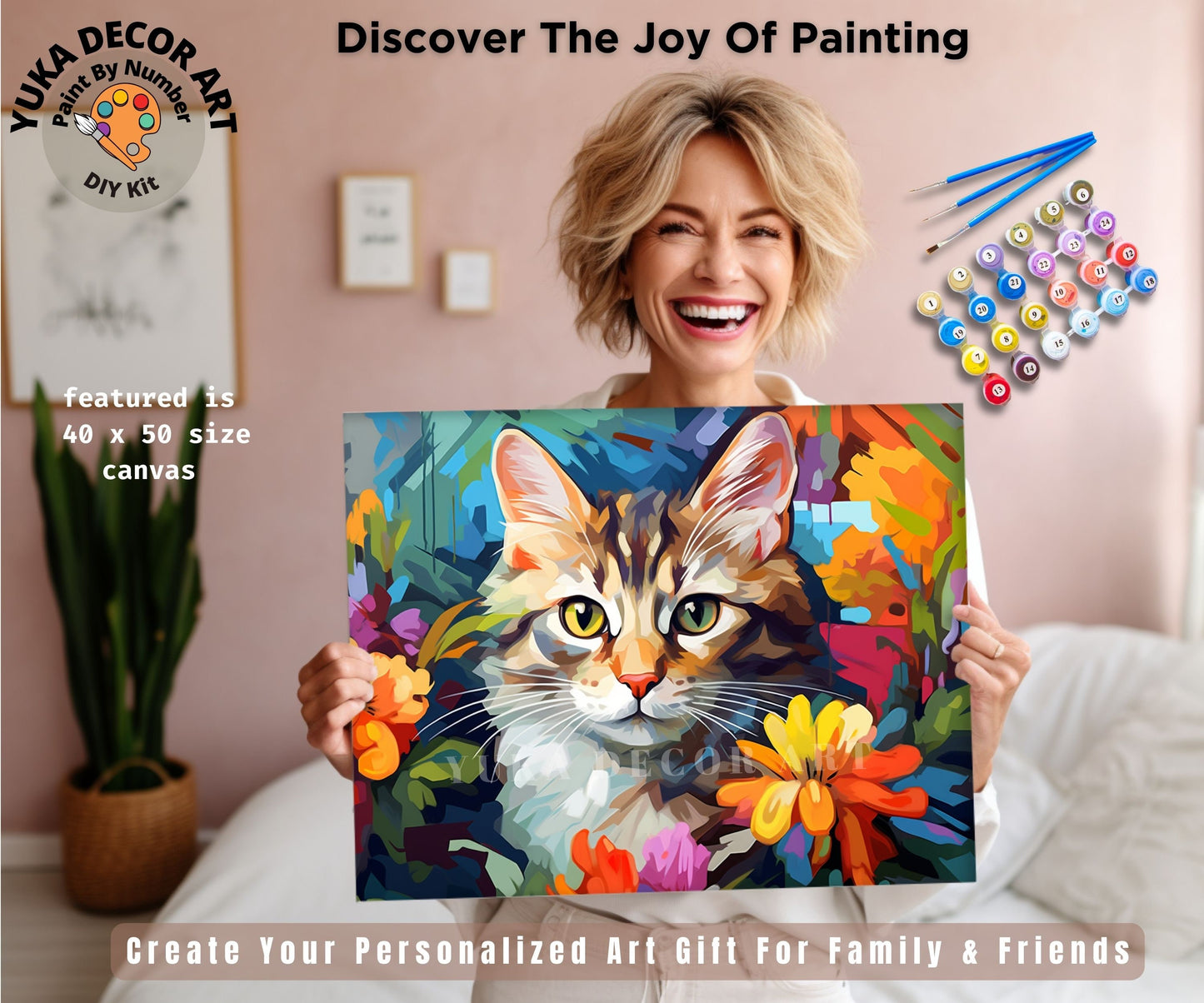 Kitten PAINT by NUMBER Kit Adult DIY Art Vibrant Wildflowers Easy Beginner Acrylic Painting Birthday Anniversary Custom Gift For Kids Teens