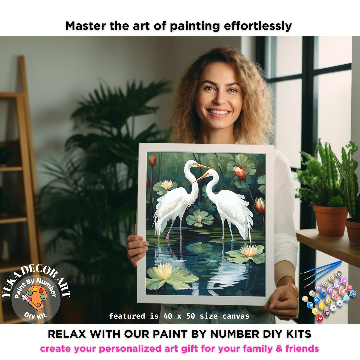 Vintage Style PAINT by NUMBER Kit For Adults White Birds In Lake Lilies Flowers DIY Painting Easy Beginners Paint Kit Garden Lover Art Gift