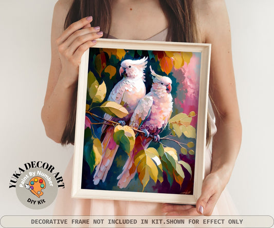 PAINT by NUMBER Kit Adult Pink Parrot DIY Paint Kit Birds In Forest Easy Beginner Acrylic Painting Housewarming Decor Birthday Gift for Mom