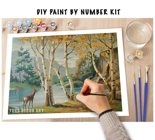 Birch Trees PAINT by NUMBER Kit  Adult , Deer In Forest Lake Vintage Style DIY Art , Easy Acrylic Painting Kit,Vintage Decor Gift