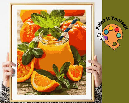 Oranges PAINT by NUMBER Kit for Adults , Summer Juice And Mint Cooler Still Life Art,Easy Beginner Acrylic Paint Kit ,Living Wall Decor Gift