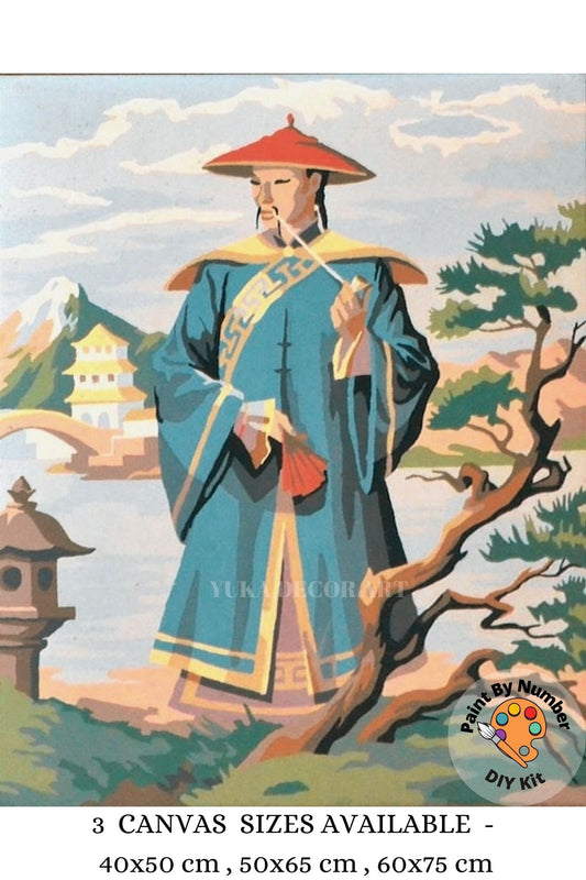 Oriental Man Vintage PAINT by NUMBER Kit Adult , Asian Wall Decor ,Japan Garden Landscape ,Asian Theme Easy DIY Beginners  Painting Kit ,