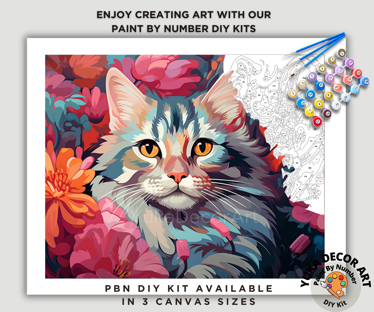 Cat PAINT by NUMBER Kit Adult DIY Art Pink Vibrant Floral Easy Beginner Acrylic Painting Birthday Housewarming Custom Gift For Kids Teens