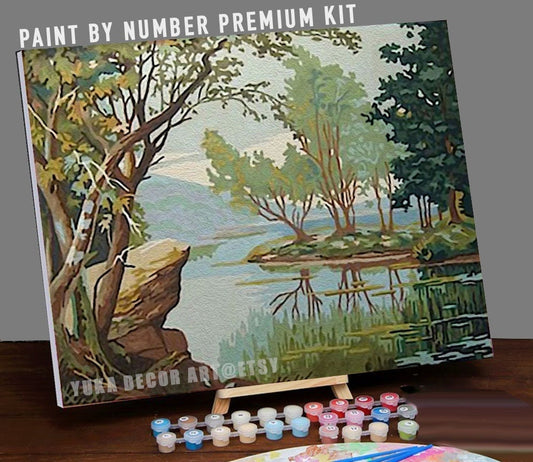 Vintage Style PAINT by NUMBER Kit Adult, Forest Valley Lake, Mist Landscape , Easy Beginner Acrylic Painting DIY Kit ,Vintage Decor Gift