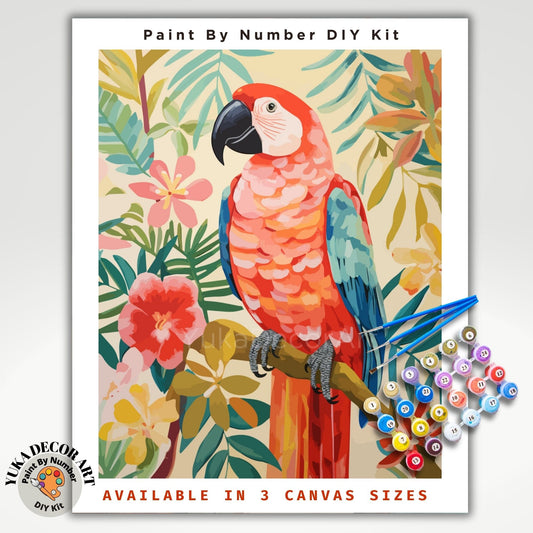 Bird PAINT by NUMBER Kit for Adults Red Green Macaw Bird Tropical Forest Easy Beginners Vintage Style DIY Paint Kit Home Decor Wall Art Gift