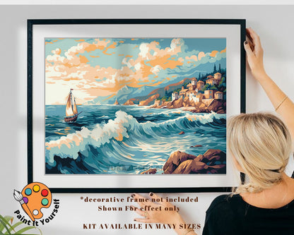 Seascape PAINT by NUMBER Kit for Adult , Rocky Cliff Village on Seashore ,Waves Beach scene, Beginner Acrylic Painting Kit,Home Decor Gift