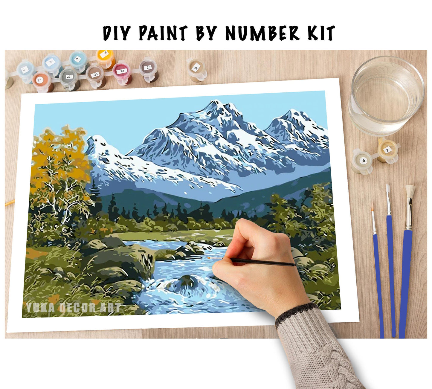Paint by Numbers Kit for Adults , Easy DIY Art Kit, Snow Mountain With River View ,Adults Acrylic Painting Canvas, Hobby Paint Kit