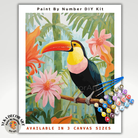 PAINT by NUMBERS Kit for Adults Watercolor Vintage style Art Colorful Toucan Bird Tropical Flowers Easy Beginners DIY Paint Kit Home Decor