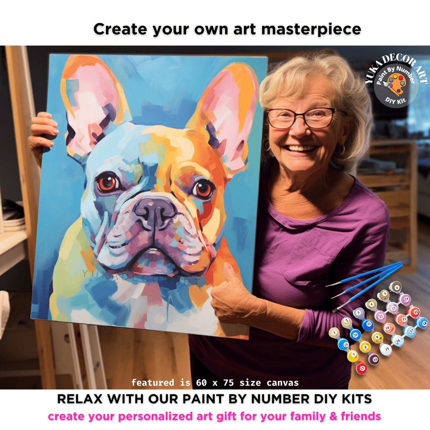 Colorful Pug PAINT by NUMBER Kit Adult , Dog Pop Art , Easy Beginner Acrylic Painting DIY Kit , Diy Gift For Dad Grandpa