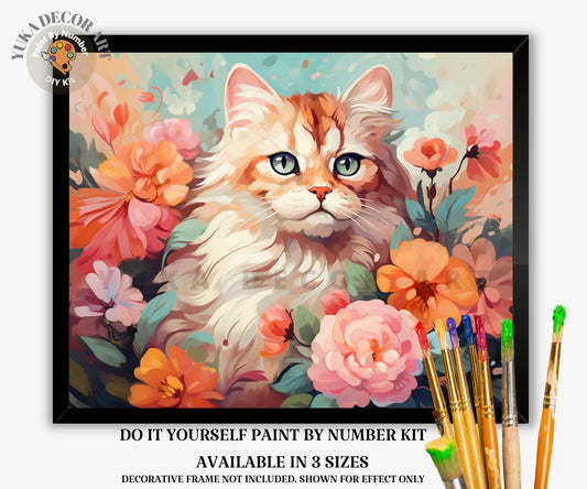 Cat PAINT by NUMBER Kit Adult DIY Art Peach Peonies Floral Easy Beginner Acrylic Painting Birthday Anniversary Custom Gift For Kids Teens